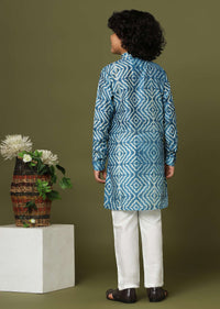 Kalki Persian Blue Printed Kurta Set In Tussar Silk For Boys