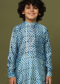 Kalki Persian Blue Printed Kurta Set In Tussar Silk For Boys