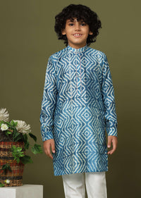 Kalki Persian Blue Printed Kurta Set In Tussar Silk For Boys