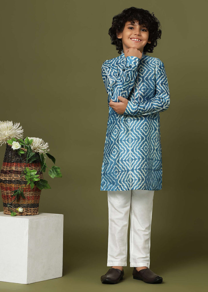 Kalki Persian Blue Printed Kurta Set In Tussar Silk For Boys