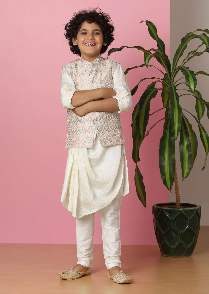 Kalki Petal Pink Bandi Jacket Set With Lucknowi Threadwork for Boys