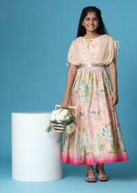 Kalki Petal Pink Gown In Georgette With Fancy Sleeves For Girls