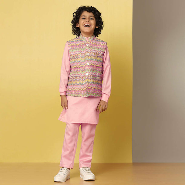 Kalki Pink Bandi Jacket & Kurta Set In Silk With Threadwork For Boys