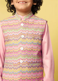 Kalki Pink Bandi Jacket & Kurta Set In Silk With Threadwork For Boys