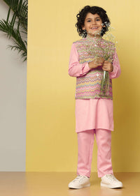 Kalki Pink Bandi Jacket & Kurta Set In Silk With Threadwork For Boys