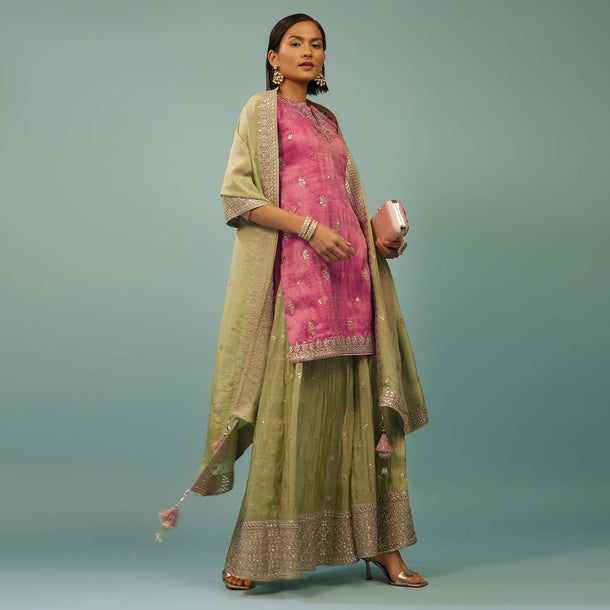 Rose Pink Palazzo Suit With Nile Green Embroidered Palazzo & Dupatta