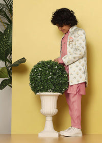 Kalki Pink Printed Sherwani Set In Raw Silk For Boys