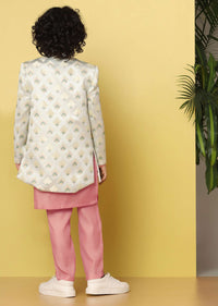 Kalki Pink Printed Sherwani Set In Raw Silk For Boys