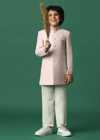 Kalki Pink Sherwani Set In Suiting Fabric With Threadwork For Boys