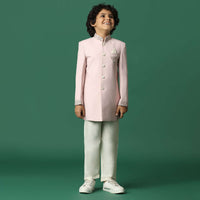 Kalki Pink Sherwani Set In Suiting Fabric With Threadwork For Boys