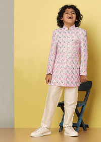 Kalki Pink Sherwani Set With Threadwork In Silk For Boys