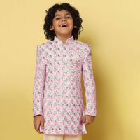 Kalki Pink Sherwani Set With Threadwork In Silk For Boys