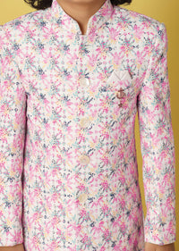 Kalki Pink Sherwani Set With Threadwork In Silk For Boys