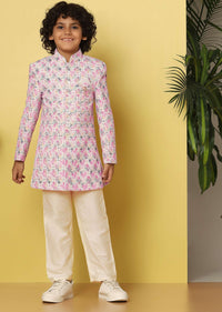 Kalki Pink Sherwani Set With Threadwork In Silk For Boys