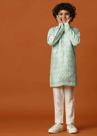 Kalki Pista Green Boys Kurta Set In Silk With Sequins And Threadwork For Boys