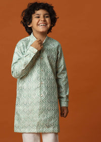 Kalki Pista Green Boys Kurta Set In Silk With Sequins And Threadwork For Boys
