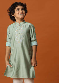 Kalki Pista Green Kurta Set In Silk For Boys