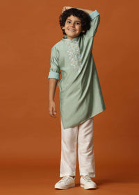 Kalki Pista Green Kurta Set In Silk For Boys