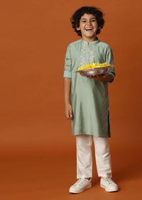 Kalki Pista Green Kurta Set In Silk For Boys