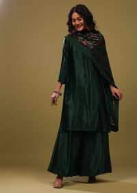Deep Palazzo Suit In Gajji Silk With A Beautiful Velvet Floral Embroidered Dupatta