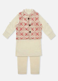 Kalki Powder Pink Printed Kurta Jacket Set In Cotton For Boys