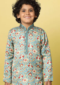 Kalki Powder Blue Abstract Printed Boy's Kurta Set In Silk With Zari Work