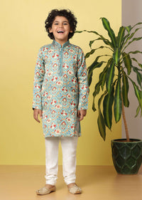 Kalki Powder Blue Abstract Printed Boy's Kurta Set In Silk With Zari Work