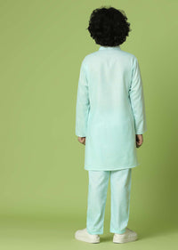 Kalki Powder Blue Jacket Kurta Set In Silk With Floral Print For Boys