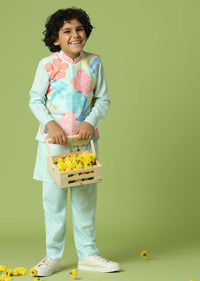 Kalki Powder Blue Jacket Kurta Set In Silk With Floral Print For Boys