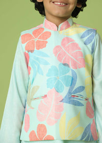 Kalki Powder Blue Jacket Kurta Set In Silk With Floral Print For Boys