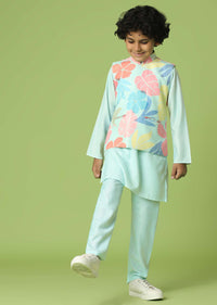 Kalki Powder Blue Jacket Kurta Set In Silk With Floral Print For Boys