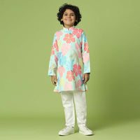 Kalki Powder Blue Kurta Set In Silk With Floral Print For Boys