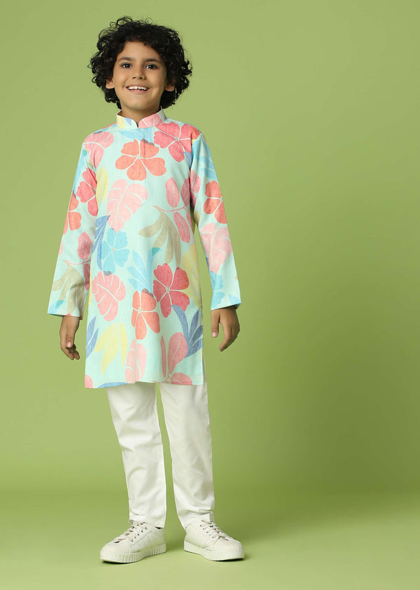 Kalki Powder Blue Kurta Set In Silk With Floral Print For Boys