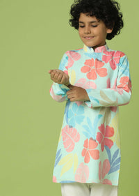 Kalki Powder Blue Kurta Set In Silk With Floral Print For Boys