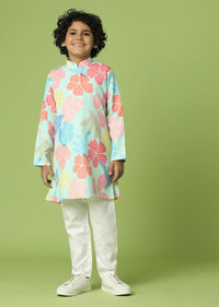 Kalki Powder Blue Kurta Set In Silk With Floral Print For Boys