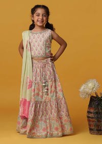 Kalki Powder Green Printed Lehenga And Blouse Set In Cotton For Girls