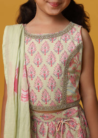 Kalki Powder Green Printed Lehenga And Blouse Set In Cotton For Girls