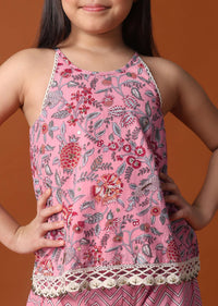 KALKI Powder Pink Printed Top And Palazzo Set In Cotton For Girls