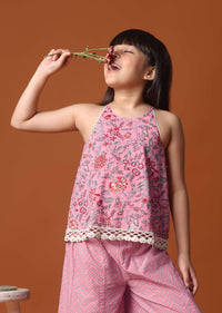 KALKI Powder Pink Printed Top And Palazzo Set In Cotton For Girls