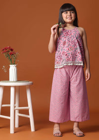 KALKI Powder Pink Printed Top And Palazzo Set In Cotton For Girls