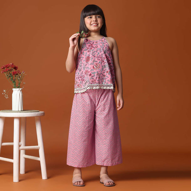 KALKI Powder Pink Printed Top And Palazzo Set In Cotton For Girls