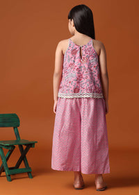 KALKI Powder Pink Printed Top And Palazzo Set In Cotton For Girls