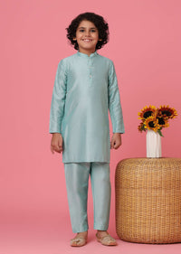 KALKI Printed Navy Blue Jacket And Sky Blue Kurta Set For Boys