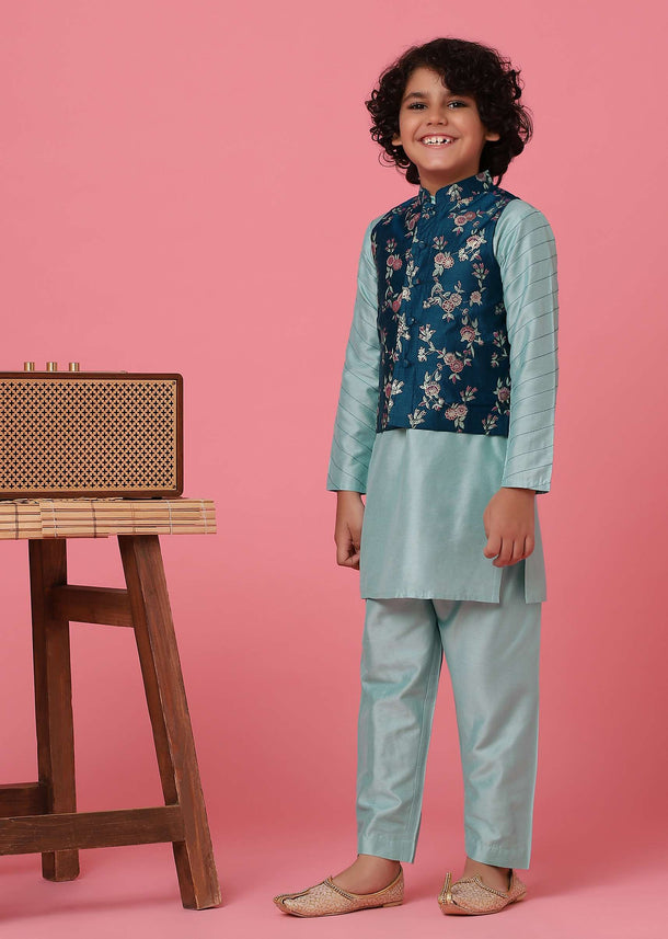 KALKI Printed Navy Blue Jacket And Sky Blue Kurta Set For Boys