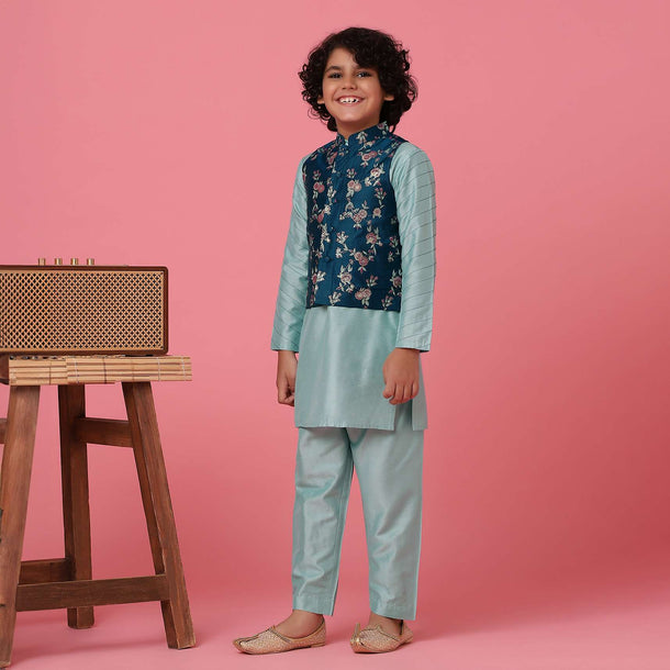 KALKI Printed Navy Blue Jacket And Sky Blue Kurta Set For Boys