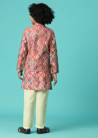 Kalki Printed Petal Pink Jacket Kurta Set In Silk