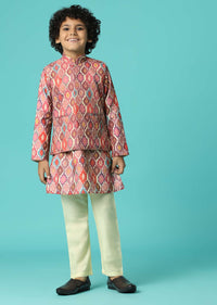 Kalki Printed Petal Pink Jacket Kurta Set In Silk
