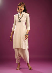 Beige White Kurta With Cowl Pants In Khadi Cotton