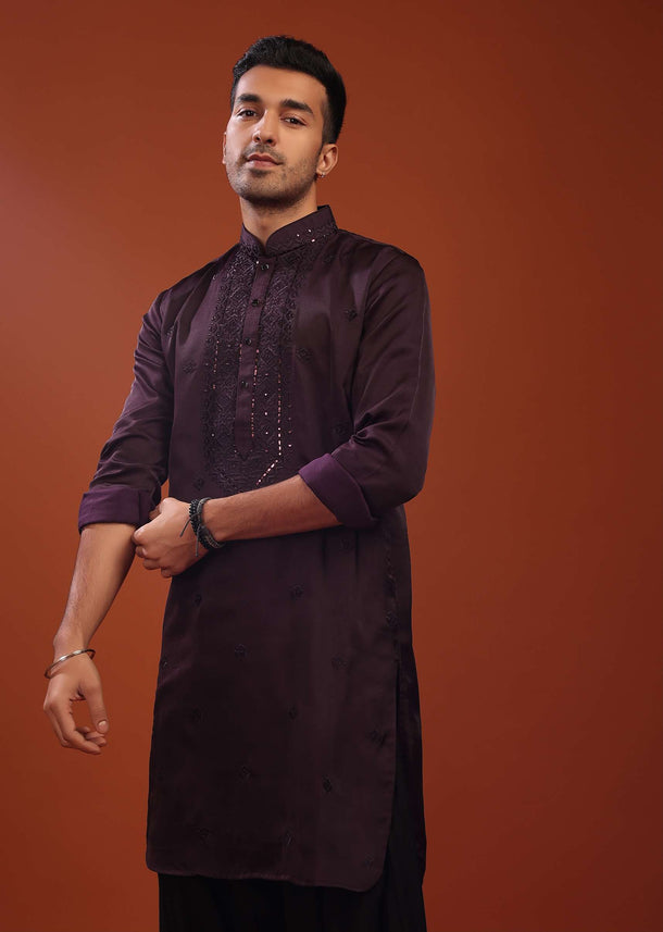 Burgundy Purple Festive Kurta In Mini Silk With Lucknowi Embroidery