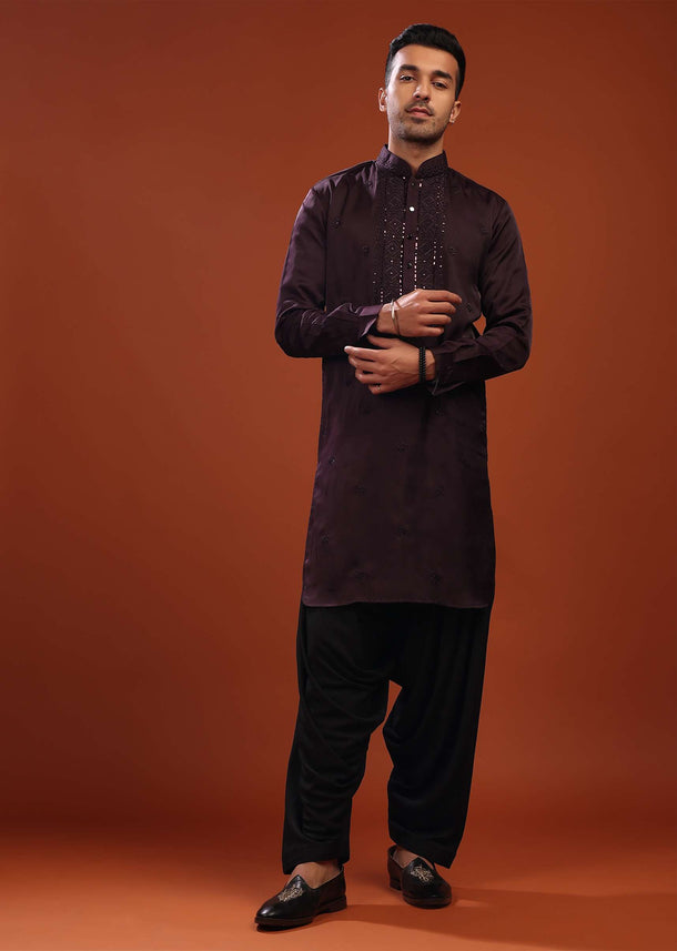 Burgundy Purple Festive Kurta In Mini Silk With Lucknowi Embroidery